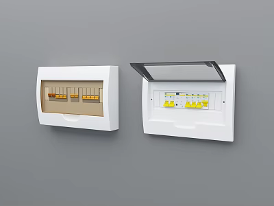 White Electrical Distribution Boxes One Open With Yellow Switches And One Closed With Transparent Cover 3d model