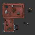 Red Roof Gas Station Building With Fuel Pumps Parked Car And Oil Drums