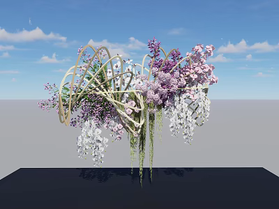 Floral Installation Featuring Purple Pink Flowers Green Vines Curved Metal Frame Blue Sky Black Platform 3d model