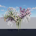 Floral Installation Featuring Purple Pink Flowers Green Vines Curved Metal Frame Blue Sky Black Platform