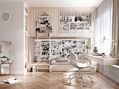 Kids Room Interior With Bunk Bed Black White Patterned Walls Study Desk Chair And Bookshelf 3d model