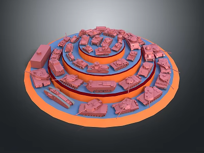 Military Vehicles Models on Circular Multi Layered Display Platform in Red Orange and Blue 3d model