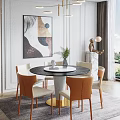Round Marble Top Dining Table Set with Gold Base Beige Orange Chairs Green Decorative Plant