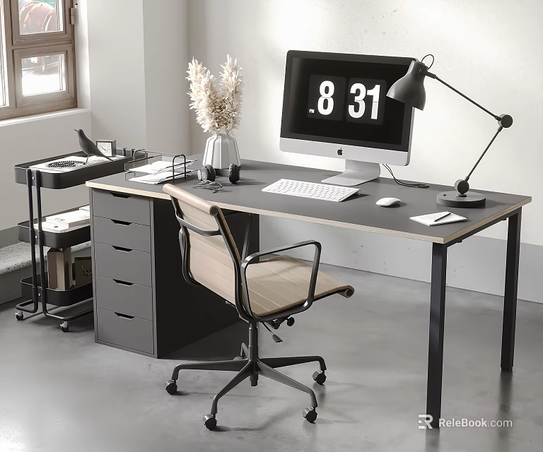 Modern Home Office Desk With Monitor Keyboard Mouse Table Lamp And Dried Flowers 3d model 