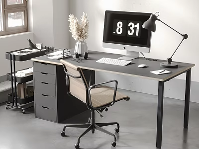 Modern Home Office Desk With Monitor Keyboard Mouse Table Lamp And Dried Flowers 3d model