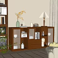 Wooden Bookcase With Glass Doors And Drawers In Living Room With Books Decorations And Lamp
