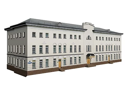 Classic Residential Building Featuring White Exterior Gray Roof And Brown Base With Multiple Windows 3d model