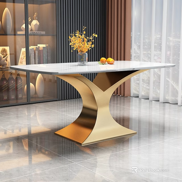 Modern Dining Table with Marble Top Golden Y-Shaped Base Yellow Flower Bouquet and Oranges 3d model 