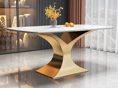 Modern Dining Table with Marble Top Golden Y-Shaped Base Yellow Flower Bouquet and Oranges 3d model