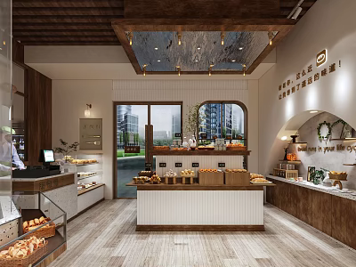 Cozy Dessert Shop Interior With Wooden Display Shelves Fresh Pastries And Warm Lighting 3d model