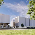 Modern Industrial Factory Building With White Facade Large Glass Windows Green Lawn And Trees