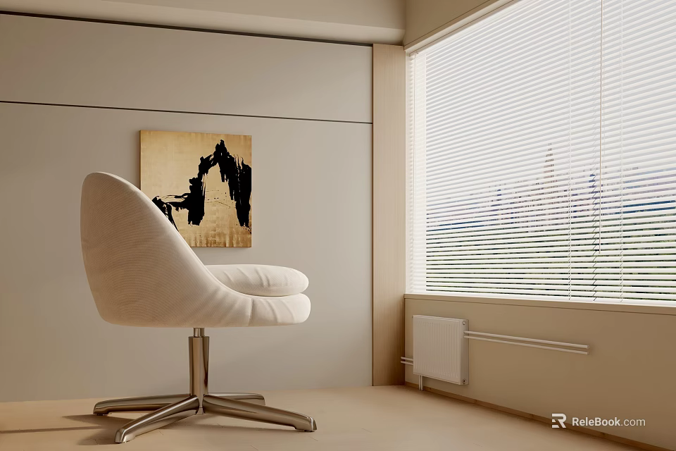 Modern Interior Featuring White Accent Chair Metal Base Window Blinds and Wall Art 3d model 