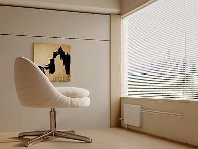 Modern Interior Featuring White Accent Chair Metal Base Window Blinds and Wall Art 3d model