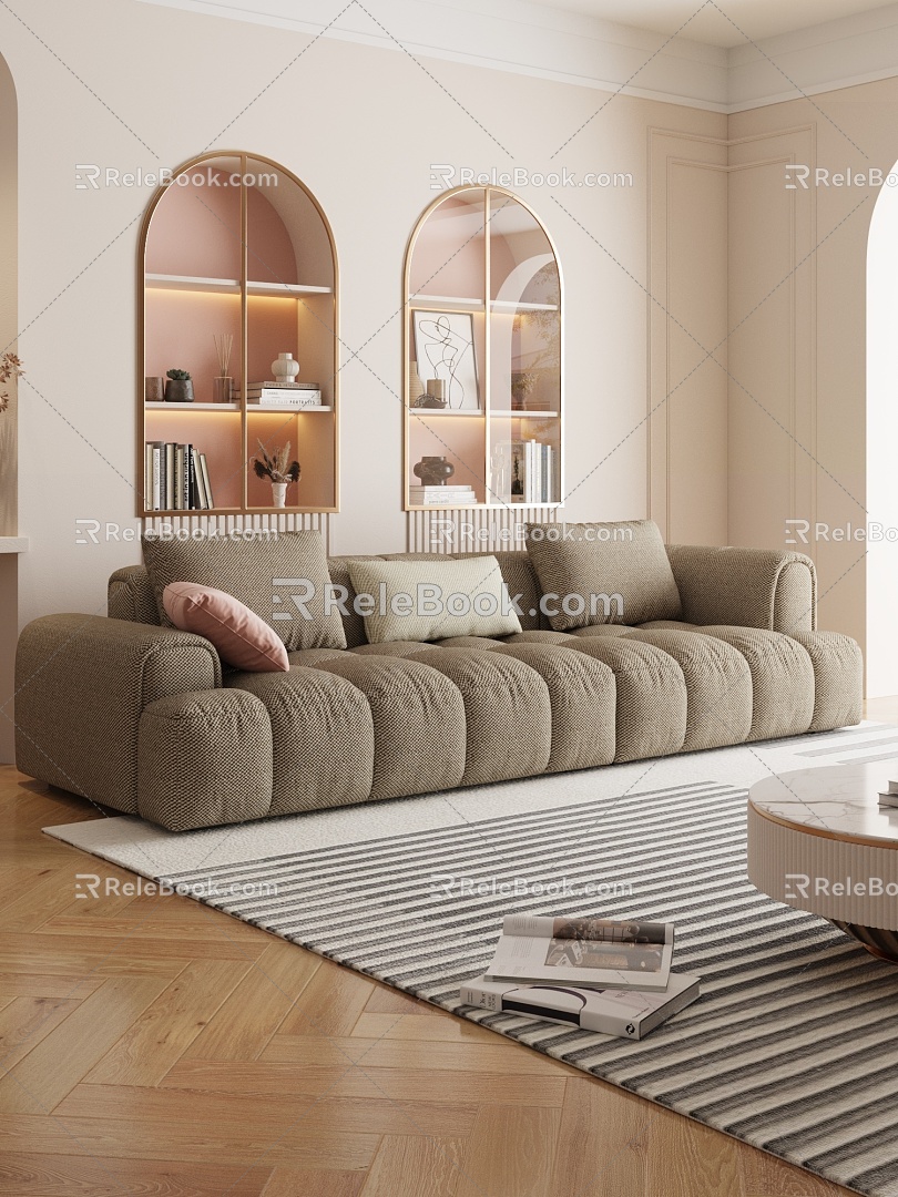 Modern Cream Style Three-Seat Sofa Check Sofa Tofu Block Sofa 3d model