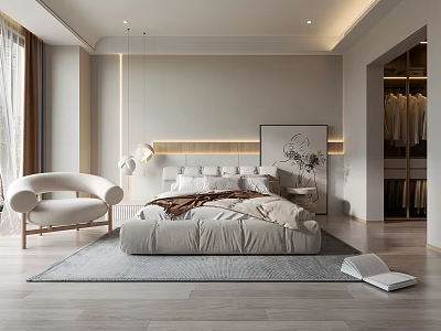 Modern Bedroom Interior Design With Large Bed White Armchair Floor Lamp Wall Art Open Wardrobe 3d model
