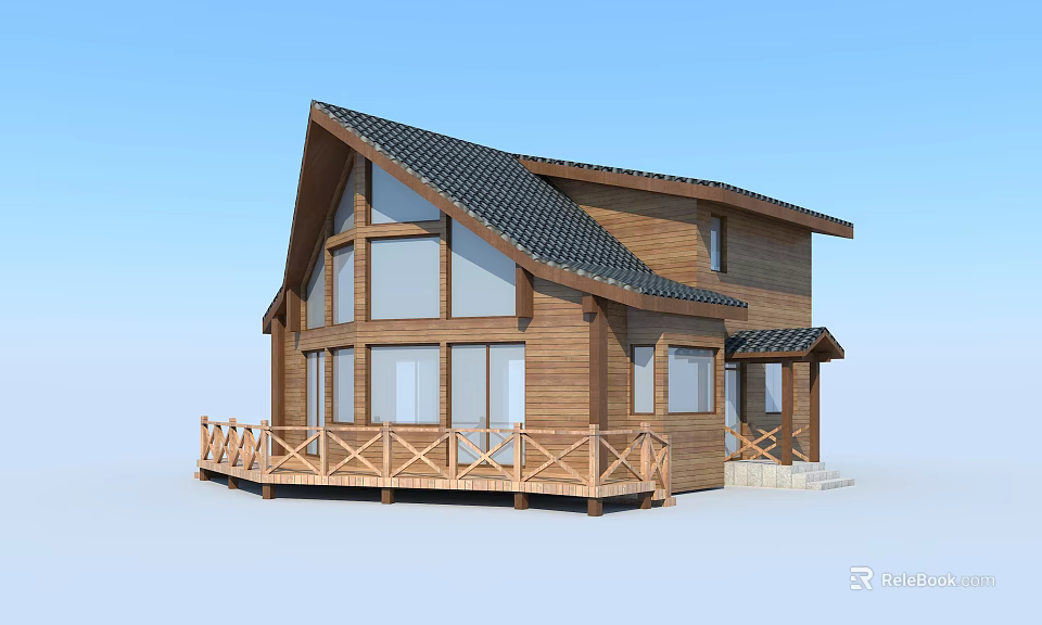 Modern Wooden House with Large Windows Black Roof and Wooden Balcony Railing 3d model 