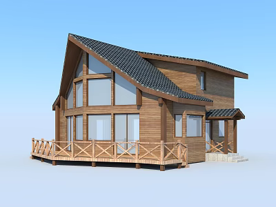 Modern Wooden House with Large Windows Black Roof and Wooden Balcony Railing 3d model