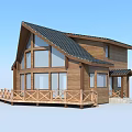 Modern Wooden House with Large Windows Black Roof and Wooden Balcony Railing
