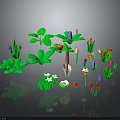 Diverse Plants With Green Leaves Purple Red Small White Flowers Apple And Shovel