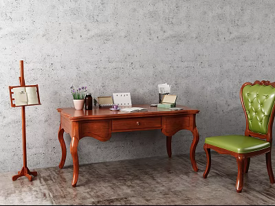 Vintage Wooden Writing Desk with Green Leather Chair Purple Flowers Book Lamp and Photo Frame 3d model