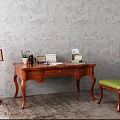 Vintage Wooden Writing Desk with Green Leather Chair Purple Flowers Book Lamp and Photo Frame
