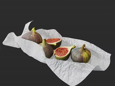 Figs Displayed On White Paper With Whole And Sliced Pieces Against Black Background 3d model