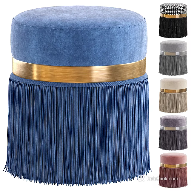 Blue Velvet Ottoman with Gold Band Fringe Detail and Multiple Color Options 3d model 