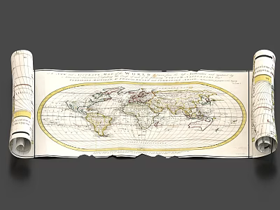 Antique World Map Scroll With Historical Geographical Details On Old Paper 3d model