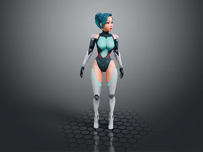 Game Movie Character With Teal Hair In Black Blue Futuristic Tech Bodysuit On Hexagonal Floor 3d model