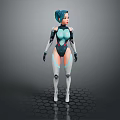 Game Movie Character With Teal Hair In Black Blue Futuristic Tech Bodysuit On Hexagonal Floor