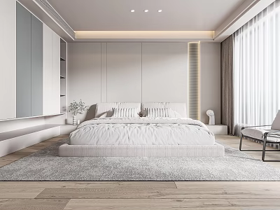 Modern Minimalist Bedroom Interior Design With Large Bed Wardrobe And Soft Curtains 3d model
