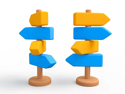 Set Of Two Colorful Directional Road Signs With Yellow Blue Arrows Wooden Base 3d model