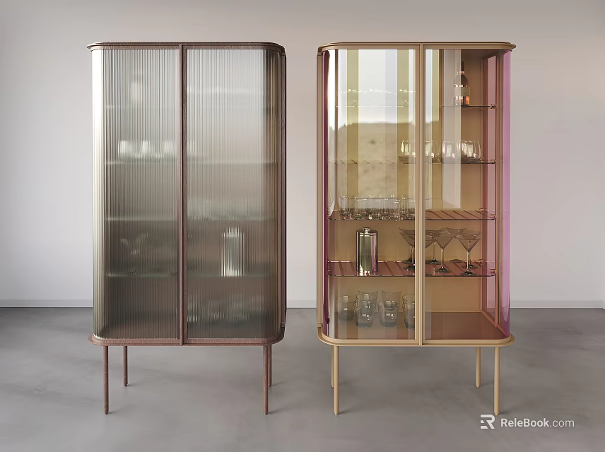 Modern Wine Cabinet With Glass Doors Holding Wine Glasses And Bottles 3d model 