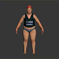 Man Wearing Red Hat Green Tank Top With American Flag Design Blue Shorts Gray Background