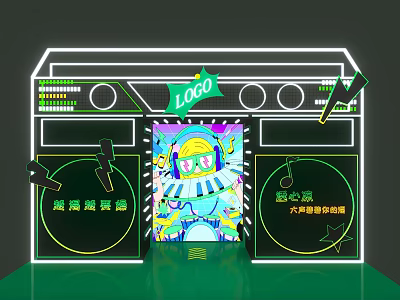 Vibrant Neon Stage Setup With LOGO Cartoon Character Microphones Colorful Backdrop And Green Accents 3d model