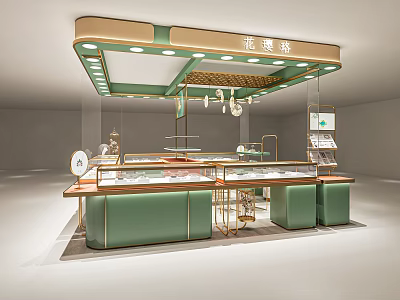 Modern Jewelry Store Interior With Green Gold Display Counters And Elegant Lighting 3d model