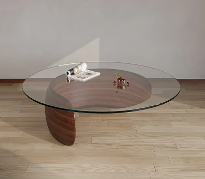 Modern Round Coffee Table With Glass Top Wooden Base And Decor Items 3d model