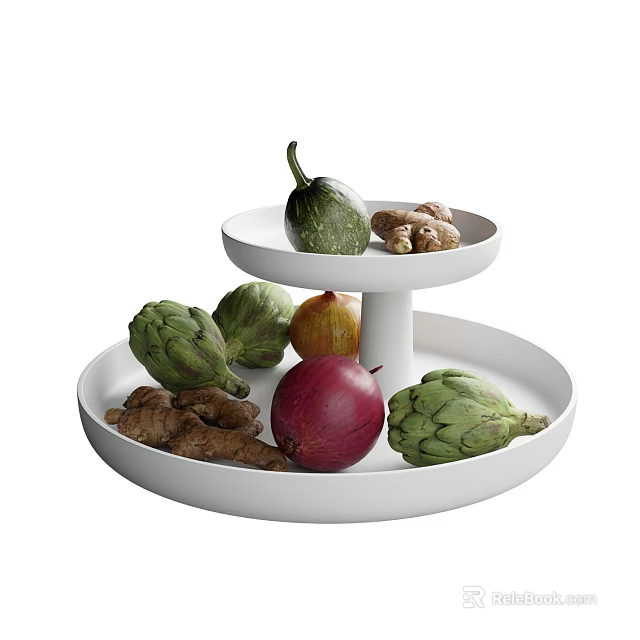 Fresh Assorted Vegetables on White Two Tiered Tray with Artichokes Zucchini Ginger and Onions 3d model 