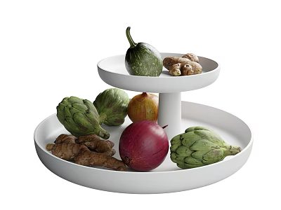 Fresh Assorted Vegetables on White Two Tiered Tray with Artichokes Zucchini Ginger and Onions 3d model