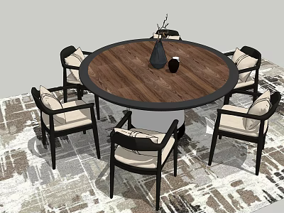 Round Wooden Dining Table with Six Black White Upholstered Chairs and Vase on Rug 3d model