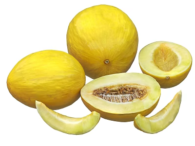 Fresh Yellow Melons Whole and Sliced with Juicy Flesh and Seeds 3d model