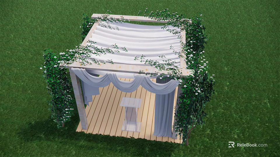 Wooden Arbor Decorated With Green Vines White Drapes And Wooden Floor On Grass Lawn 3d model 