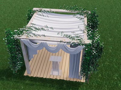 Wooden Arbor Decorated With Green Vines White Drapes And Wooden Floor On Grass Lawn 3d model
