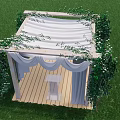 Wooden Arbor Decorated With Green Vines White Drapes And Wooden Floor On Grass Lawn