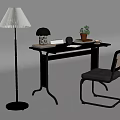 Modern Workspace With Brown Wooden Desk Leather Chair Floor Lamp Table Lamp And Potted Plant