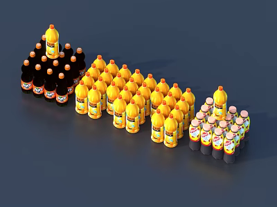 Neatly Arranged Beverage Bottles with Yellow Black Pink Cap Colors in Arrow Shaped Lineup 3d model