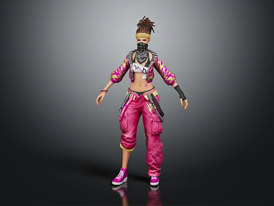 Anime Female Character Wearing Pink Cargo Pants White Black Top And Headscarf Mask 3d model