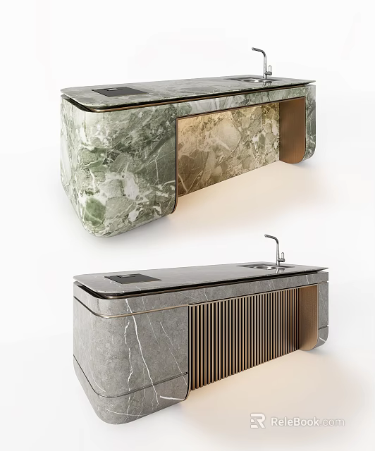 Modern Green Gray Marble Bar Counter Design With Sleek Surface Integrated Sink And Faucet 3d model 