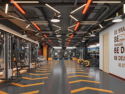 Modern Gym Interior With Fitness Equipment Ceiling Lights And Motivational Quotes 3d model