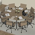 Modern Office Table and Chair Set with Hexagonal Tabletop Laptop Notebooks and Cups